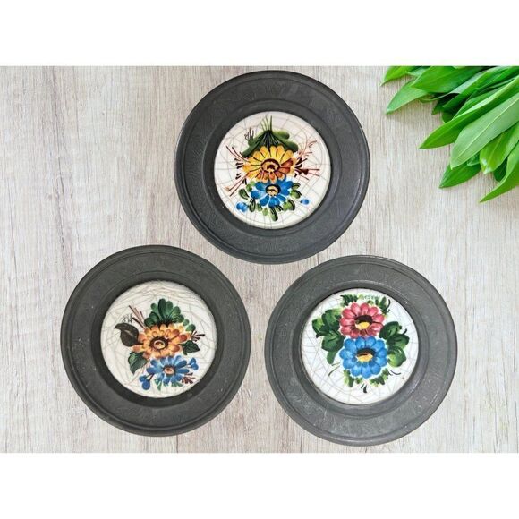 3 Vintage Floral German Coaster Set | Porcelain Drink Coasters Hand Painted - Picture 1 of 5